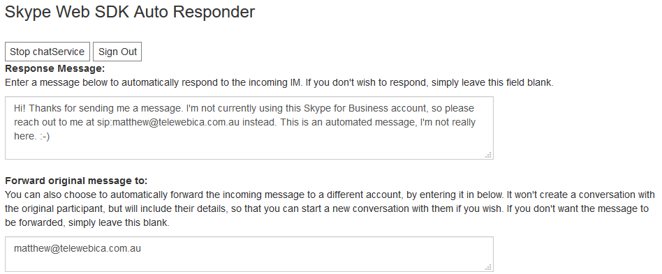 Skype Web SDK Auto Responder Configuration Otions